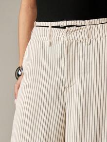 MISSGUIDED Pinstripe Wide Leg Palazzo Pants High Waisted Office Wear Business Professional Trousers With Belt Elegant Classic Workwear Fall Winter - Beige - View 4