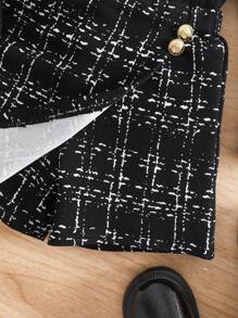 SHEIN Babygirl Knitted Black Long Sleeve Top And Plaid Elastic Waist Shorts Set, Autumn/Winter Fall