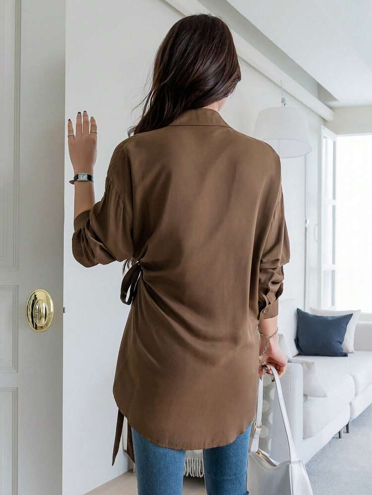 Tie Side Drop Shoulder Shirt,Long Sleeve Tops,Fall Clothes Modest Fashion