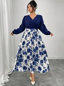 Elenzga 大码女式花卉印花编织复古优雅灯笼袖 V 领腰带中长连衣裙，春/秋