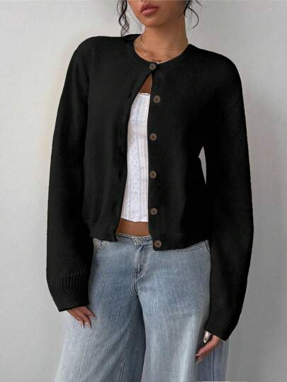 SHEIN BASICS كارديجان كنزة صوفية كاجوال بسيطة، مناسبة للخروجات في فصلي الخريف والشتاء