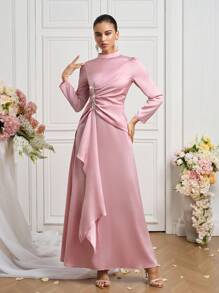Coutiva New Stylish Stand Collar Long Sleeve Fitted Formal Dress - Baby Pink - View 5