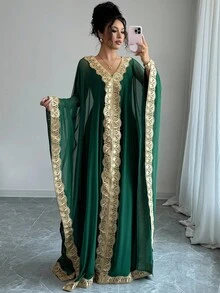 Elenzga Women's V-Neck Semi-Sheer Mesh Ruffled Trim Dress, Elegant Minimalist Casual Cocktail Party Vacation Evening Gown, Autumn Fall Cloth For Women - Dark Green - View 5