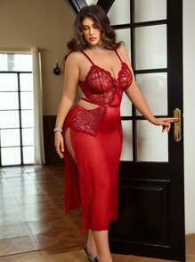 SHEIN Seduluxe 2 piezas Conjunto de lencería de talla grande con encaje y malla de contraste con aros