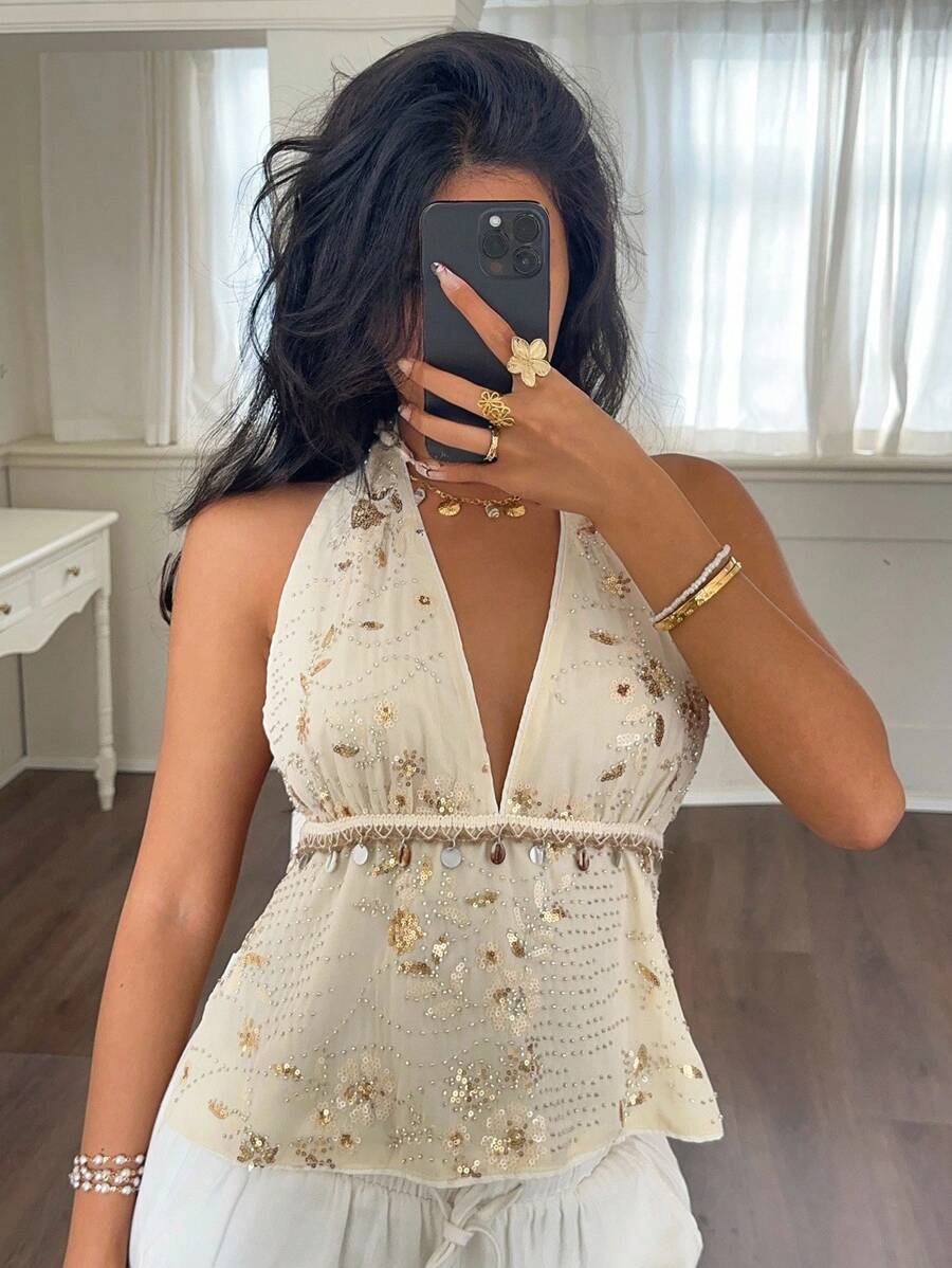 Serisse Women's Sequined Halter Neck Top With Shell Fringe, White Sequin Top, Gold Sequin Top, Elegant Sequin , Carnival Costume, Ibiza Summer Glitter - Apricot - View 1
