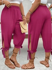 EMERY ROSE Plus Size High Waist Drawstring 3/4 Pants, Spring/Summer - Hot Pink - View 1