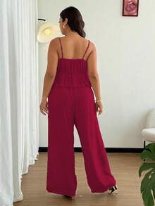 Flirla مجموعة بلوزة وبنطلون كاجوال من الكتان للمرأة ذات المقاسات الكبيرة، صيفي - عنابي اللون - مشاهدة 2