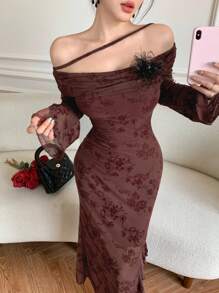 Modelyn Flockiertes Herbst-/Winterkleid im eleganten Retro-Muster für Lehrerinnen - Bordeaux - Übersicht 7