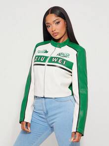 SHEIN SXY Women's Contrast Color Jacket, Chic Motorcycle Crop Top, Versatile For Autumn,Business, Retro, Outing, Old Money,Siren Coquettish,  Cruise Attire, Commuting,  Richly Layered, Date Night, Gathering, Minimalism, Birthday, Formal Event, Break, Modest, Chic, Casual, Shopping, Street Wear, Going Out,ملابس شتوية للنساء