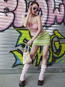 Ruched Bust Lettuce Trim Cami Top - Baby Pink - View 3