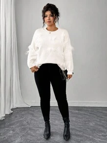 Elenzga Plus Size Women Solid Color Round Neck Long Sleeve Fuzzy Decor Fashion Pullover Sweater Winter Fall Autumn - White - View 3