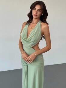 Aloruh Aloruh Đầm hở lưng cổ khoét sâu màu trơn dành cho nữ - Màu xanh lá cây đậm - Xem 6