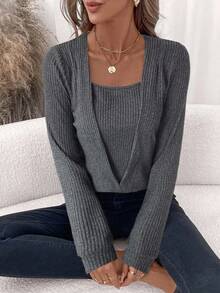 SHEIN Clasi Women's Elegant Pink Waffle Knit Crew Neck Sweatshirt In Fall/Winter - Dark Grey - View 6