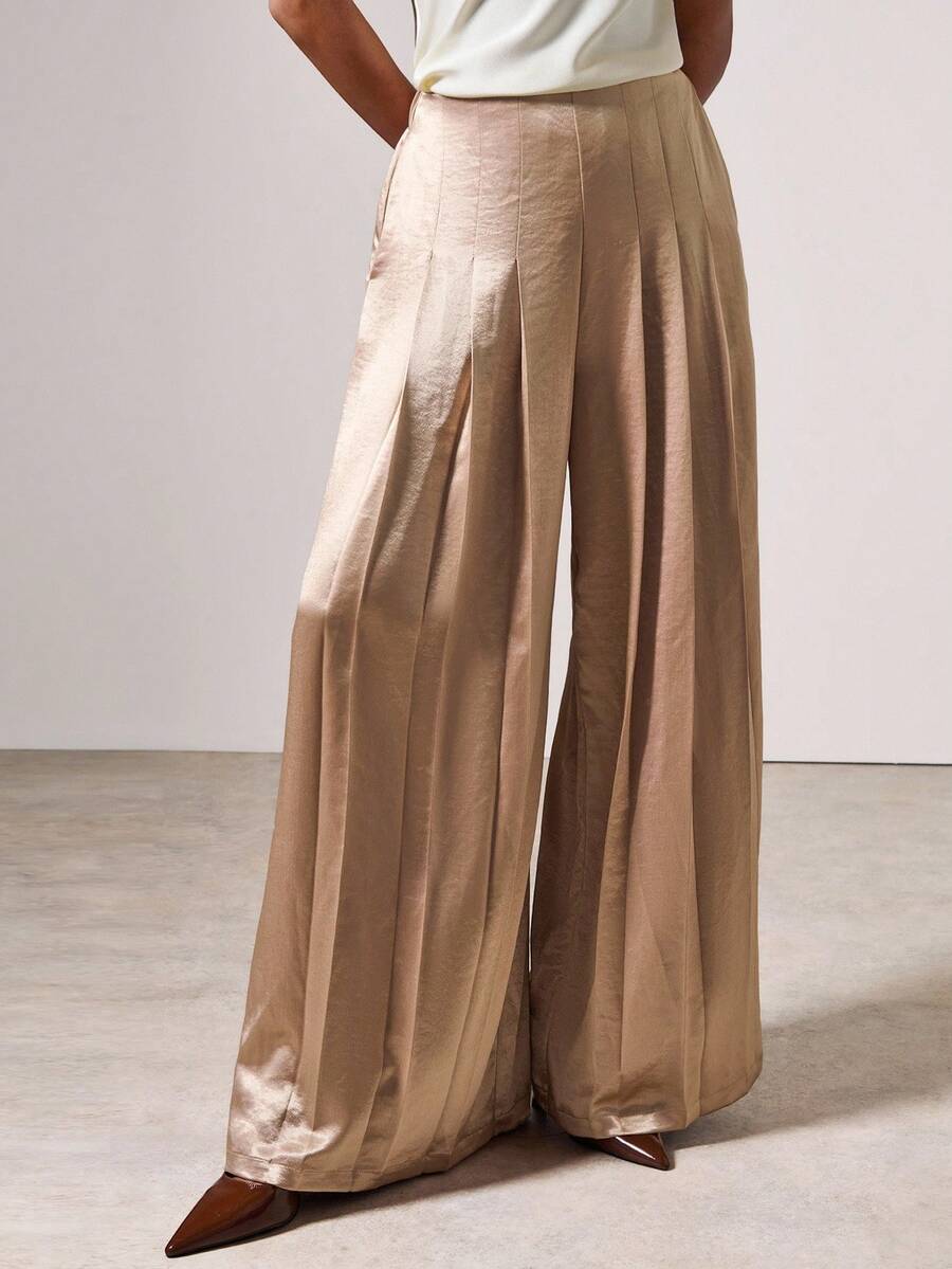 COSMINA Women's Elegant Loose Pleated Long Straight Pants, Autumn/Winter - Khaki - View 1