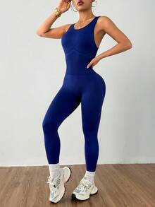 Dewbera 女式简约纯色低背塑身连体裤 - 藏蓝色 - 查看 4
