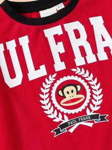 Paul Frank X SHEIN Young Boy Cool Letter Graphic Red Long Sleeve T-Shirt, Autumn/Winter - Red - View 6