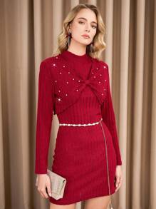 女式勃艮第纯色简约无袖连体裤和长袖夹克两件套，合身 - 酒紅色 - 查看 3