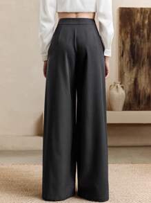 Arave Pantalones anchos de pierna gris, de cintura alta, plisados, con decoración metálica, que estilizan la figura, elegantes y vintage, adecuados para maestras, de moda para el otoño