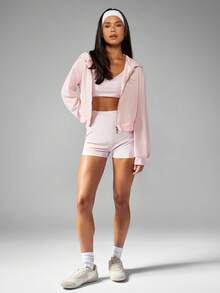 MISSGUIDED Áo hoodie có khóa kéo Matcha Club Aesthetic dành cho mùa đông, mặc ở nhà, có mũ trùm đầu rút dây, thường ngày, màu pastel, ấm áp, thích hợp mặc vào mùa thu - Hồng - Xem 3