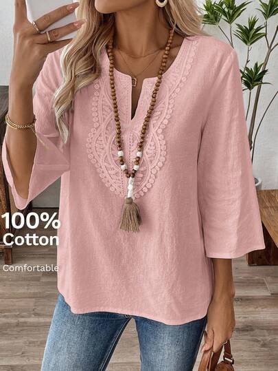 EMERY ROSE 度假休闲纯色蕾丝拼布衬衫