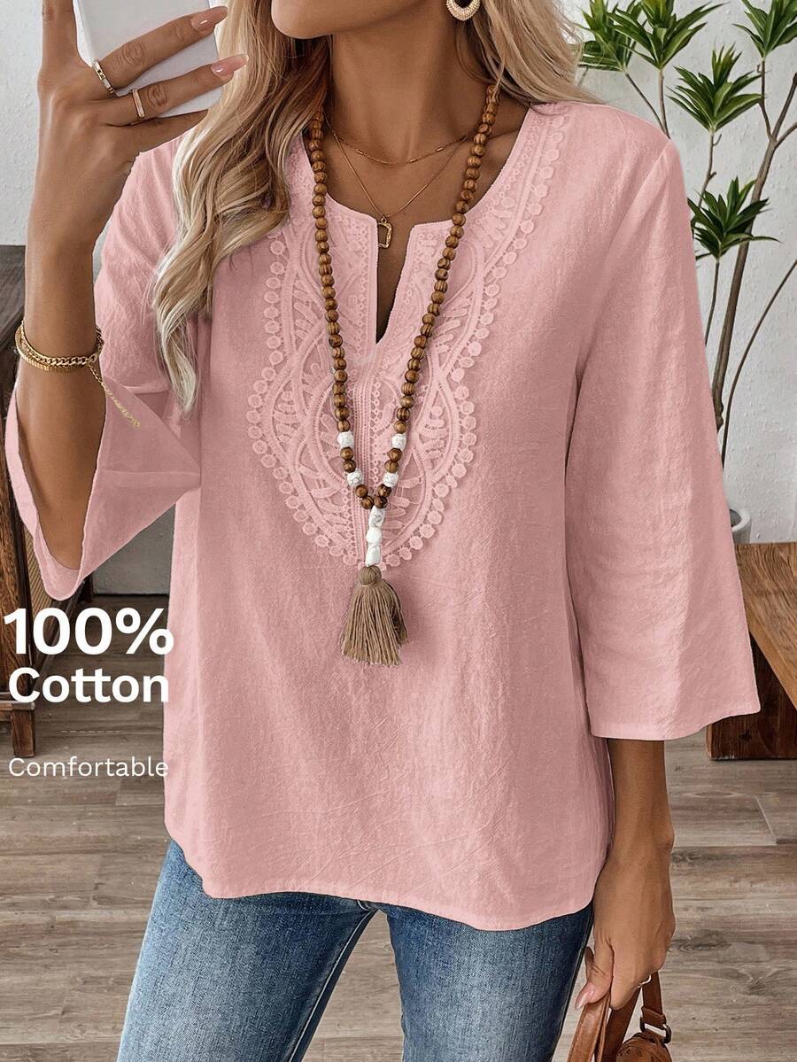 SHEIN LUNE Camisa de unicolor con parches de encaje, casual para vacaciones - Rosado Sandía - Ver 1