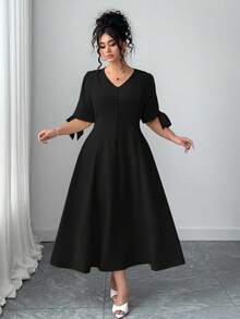 Elenzga Plus Size Women's Elegant Commuter Casual V-Neck Bowknot Puff Sleeve Waist Tie Dress, Summer - Black - View 3