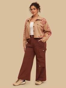 SHEIN VCAY 大码女式卡其色长袖短款外套，图案外套，秋冬女装，适合学校、返校节、商务休闲、教堂、乡村音乐会等场合，棕色上衣，纽扣外套，外出上衣，秋季长袖女式上衣