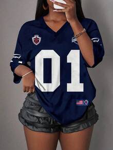 Slaydiva Áo thun cổ chữ V họa tiết tối giản 01 cỡ lớn, phù hợp cho mùa hè - Nhiều màu - Xem 4