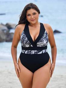 Swim Lushoire Plus Size Printed Color Block One-Piece Swimsuit For Summer Beach Vacation - Black and White - View 1