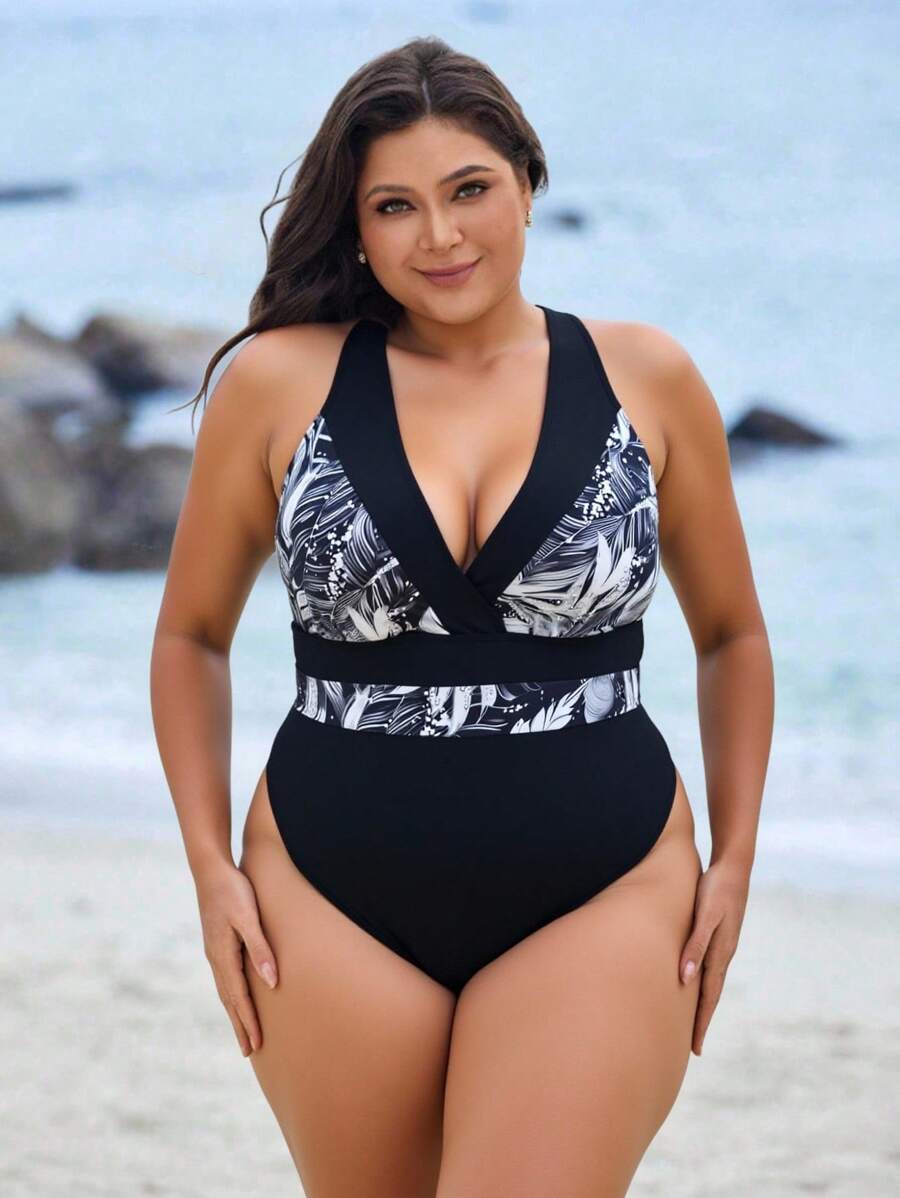 Swim Lushoire Plus Size Printed Color Block One-Piece Swimsuit For Summer Beach Vacation - Black and White - View 1