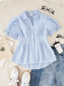 SHEIN Casuvi Kids 条纹纽扣前短袖休闲衬衫，灯笼袖，蝴蝶结褶饰腰部 A 字型修身款式，适合少女，夏季通勤和度假 蓝白条纹衬衫女孩蓝色条纹衬衫少女女孩夏季衬衫