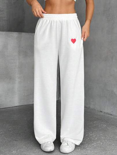 EURMUSE Women's Solid Heart Shaped Embroidery Detailed Wide Leg Casual Sweatpants