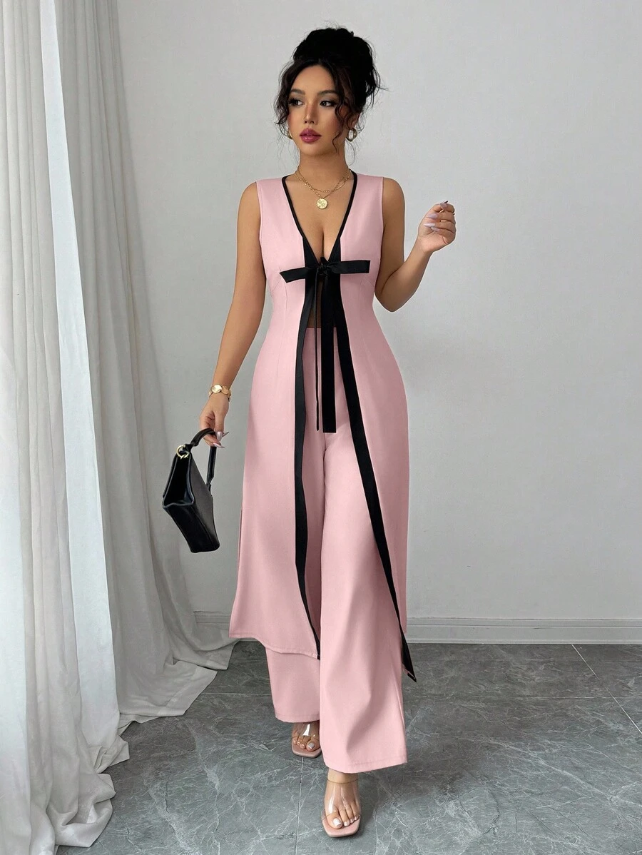 Selianne Bộ quần ống rộng không tay cổ chữ V hở phía trước thời trang & thanh lịch cho phái nữ trẻ, mùa xuân/hè - Hồng - Xem 1