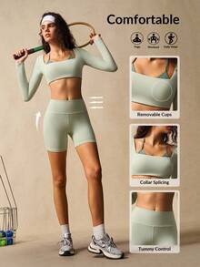 VARSIVA 女士健身套装 女士撞色拼布短款上衣和短裤 运动套装两件套运动套装 长袖瑜伽套装 - 彩色 - 查看 4