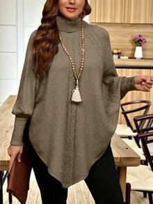 Linhara Poncho de suéter de punto de cable con botón y cuello alto talla grande - Camel - Ver 5