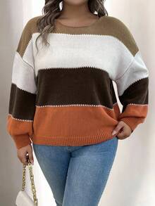 SHEIN Plus Size Casual Colorblock Round Neck Plus Size Sweater, Autumn/Winter Fall Cloth For Women - Red - View 4