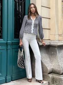 Pariaura 女式格子荷叶边系带泡泡袖衬衫 - 黑與白 - 查看 4