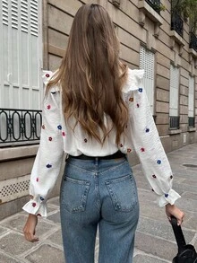 Pariaura Women's Colorful Floral Embroidered Long Sleeve Shirt Fall Cloth For Women - White - View 2