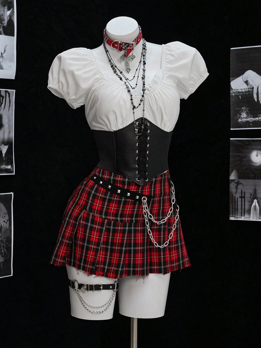 Elamini 女士性感西式上衣，腰带、荷叶边和深色美学设计，时尚别致，适合万圣节穿着 - 彩色 - 查看 1