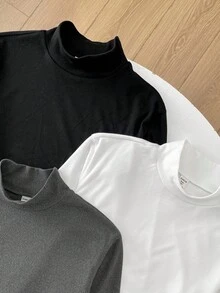 SHEIN 3-Pack Teenage Boys' Minimalist Stand Collar All-Match Tops, Black/White/Gray, Casual, Comfortable, Versatile, Suitable For School, Outings, Outdoor Activities, Layering, Autumn/Winter Turtleneck Long Sleeve Tops Boys Turtleneck Plain Turtleneck Turtlenecks - Multicolor - View 4