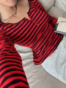 SHEIN EZwear Áo thun nữ sọc đen đỏ chất liệu cotton pha trộn mới có khóa kéo nửa thân - Đỏ - Xem 5