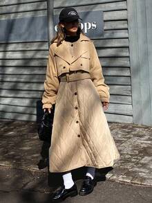 Livesso Women's Padded Coat, Windbreaker Style Rhombus Pattern Loose Solid Color Long Coat, Autumn/Winter - Khaki - View 2
