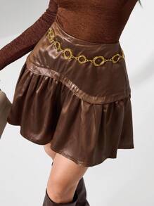 Modelyn Rok Mini Wanita dengan Hem Berlapis Bahan Kulit Sintetis - Coklat - View 4