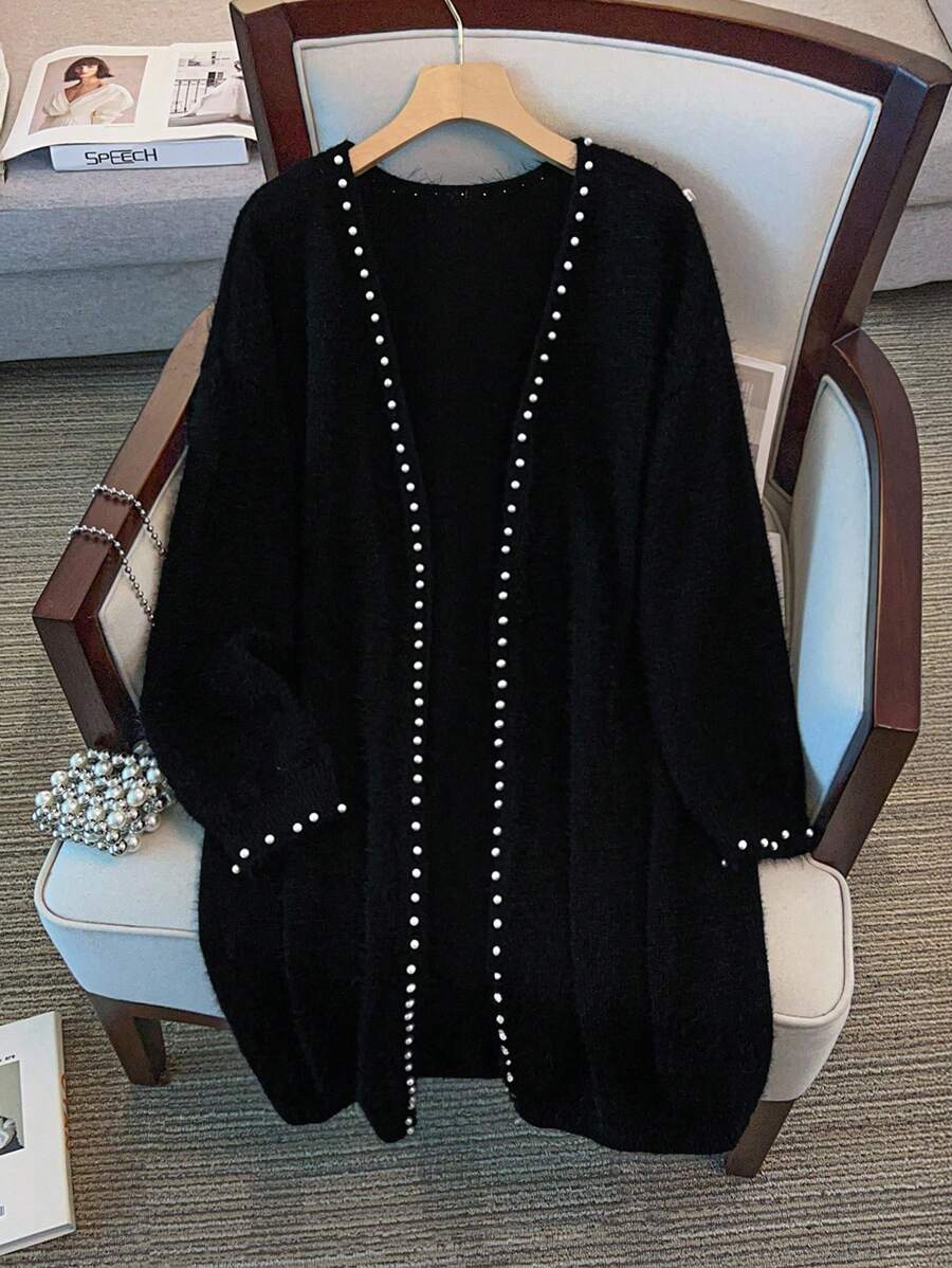 GlowEve CURVE 大码串珠缀饰长袖开衫 - 黑色 - 查看 1
