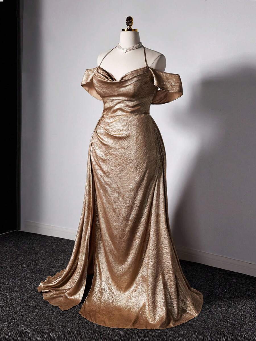 Viva Relle Váy maxi dài màu vàng trơn trễ vai gợi cảm thời trang du lịch lãng mạn cổ điển trang trọng dành cho nữ - Vàng - Xem 1