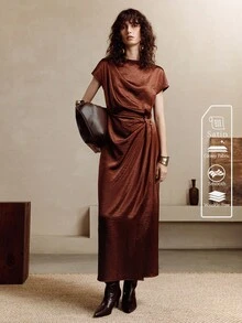 Chiquease Đầm suông màu trơn thanh lịch, thiết kế ôm dáng độc đáo, dệt kim mùa hè dành cho nữ - màu nâu - Xem 3