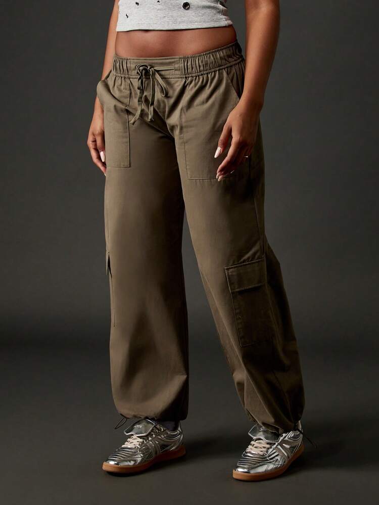 Missguided x Playboy Cotton Olive Cargo Utility Drawstring Wide Leg Trousers With Pockets For Casual Everyday Wear