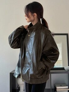 DAZY 女士复古 PU 皮夹克，街头休闲飞行员夹克 - 棕色 - 查看 5