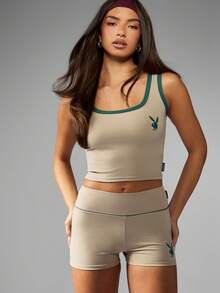 Missguided x Playboy Bunny Logo Tank Top And Cycling Shorts Co-Ord Athleisure Training Set High Waisted Summer Festival Streetwear Casual Fitness Wear