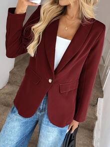 SHEIN LUNE 2024秋冬新款灰绿色女士腰部纽扣西装外套 - 酒紅色 - 查看 5